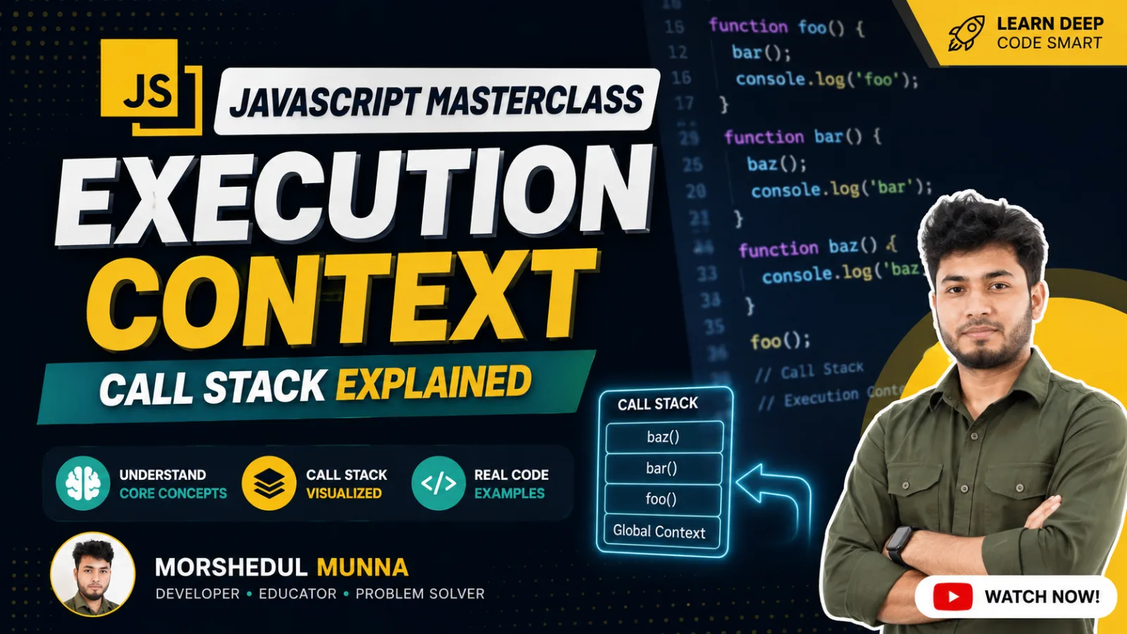 JavaScript: Call Stack, Memory Creation & Execution Phase Explained!